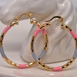 18K Yellow Gold Filled Three Color Carved Hoop Dangle Earrings 37mm Party Gift